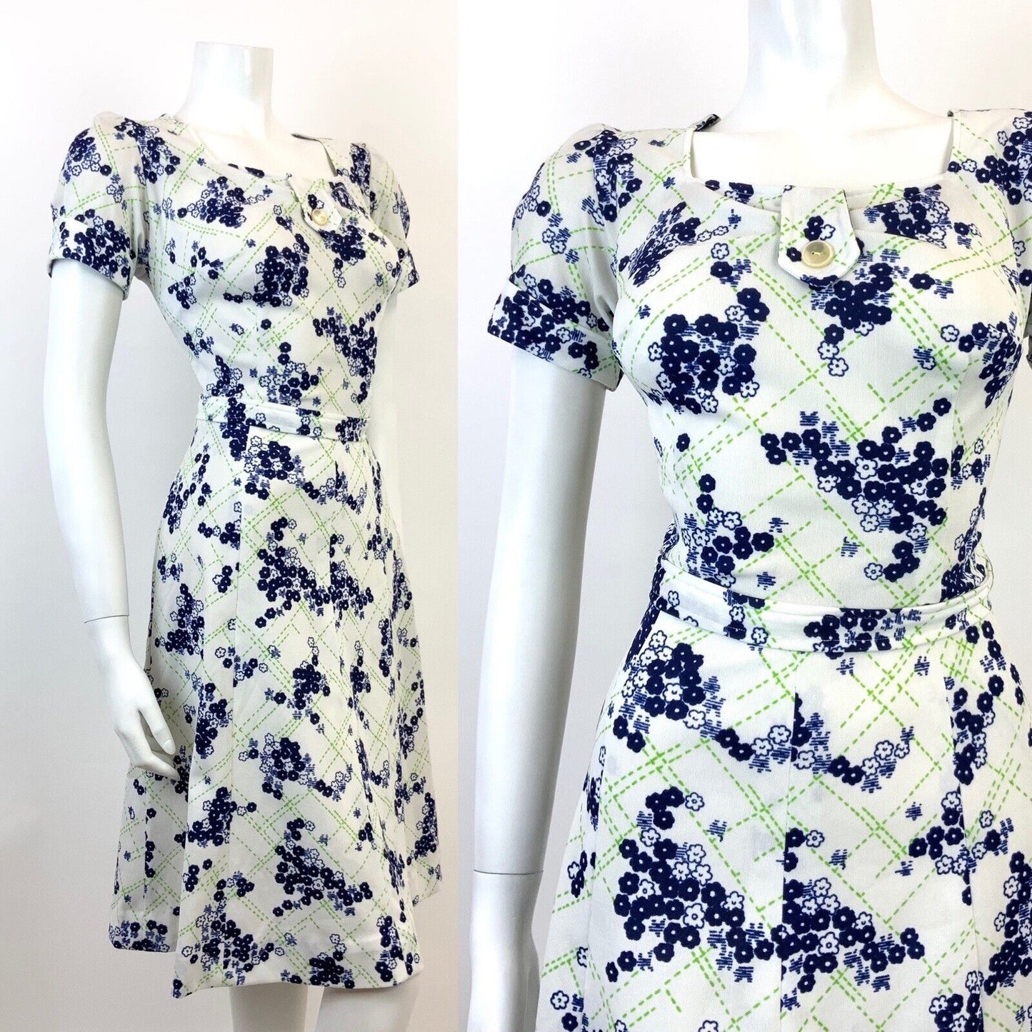 VINTAGE 60s 70s WHITE GREEN BLUE CHECKED FLORAL DITSY PUFF SLEEVE DRESS 12 14