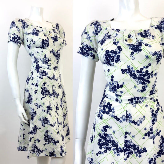 VINTAGE 60s 70s WHITE GREEN BLUE CHECKED FLORAL DITSY PUFF SLEEVE DRESS 12 14