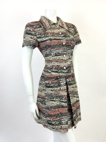 VINTAGE 60s 70s CREAM BLACK RED STRIPED WOOD GRAIN MOD DAGGER SHIRT DRESS 10 12