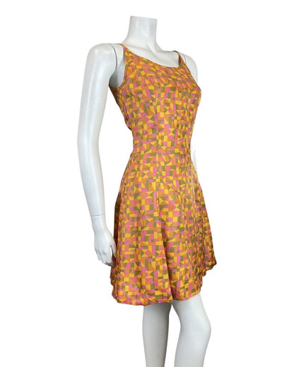 VINTAGE 60s 70s ORANGE PINK GREEN GEOMETRIC STRAPPY SWING SUN-DRESS 8