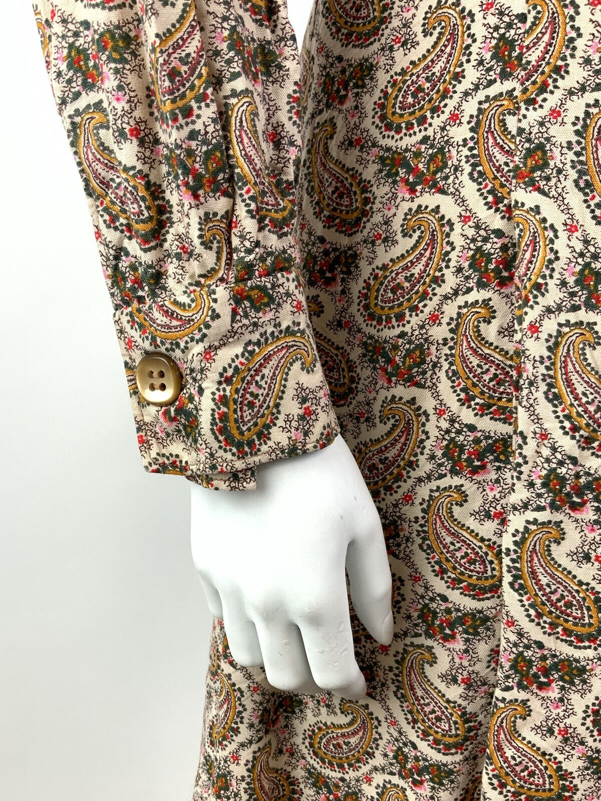 VINTAGE 60s 70s CREAM BROWN GREEN FLORAL PAISLEY BOTEH LONGLSEEVE SHIRT DRESS 10