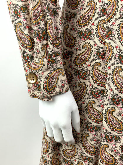 VINTAGE 60s 70s CREAM BROWN GREEN FLORAL PAISLEY BOTEH LONGLSEEVE SHIRT DRESS 10