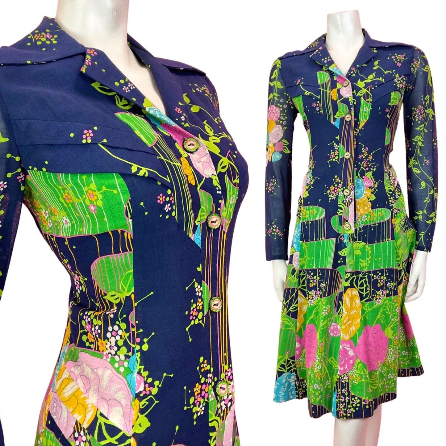 VTG 60s 70s BLUE PINK GREEN FLORAL GARDEN ROSE SHEER DAGGER SHIRT DRESS 10 12