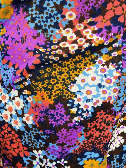 VINTAGE 60s 70s BLUE PURPLE PINK PSYCHEDELIC FLORAL DITSY FITTED DRESS 10 12