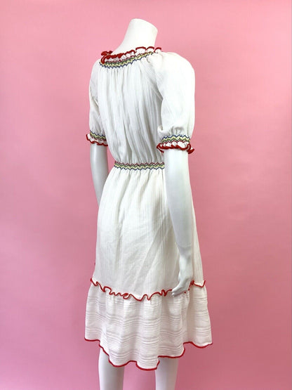 VINTAGE 60s 70s WHITE RED BLUE GREEN RUFFLE PRAIRIE BOHO DRESS 8 10
