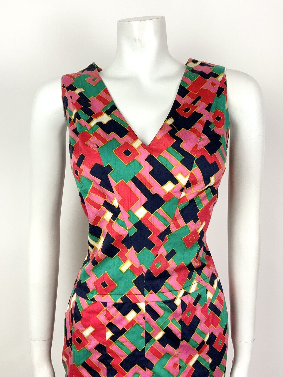 VTG 60s 70s PINK BLUE GREEN GOLD GEOMETRIC PSYCHEDELIC SLEEVELESS DRESS 12 14
