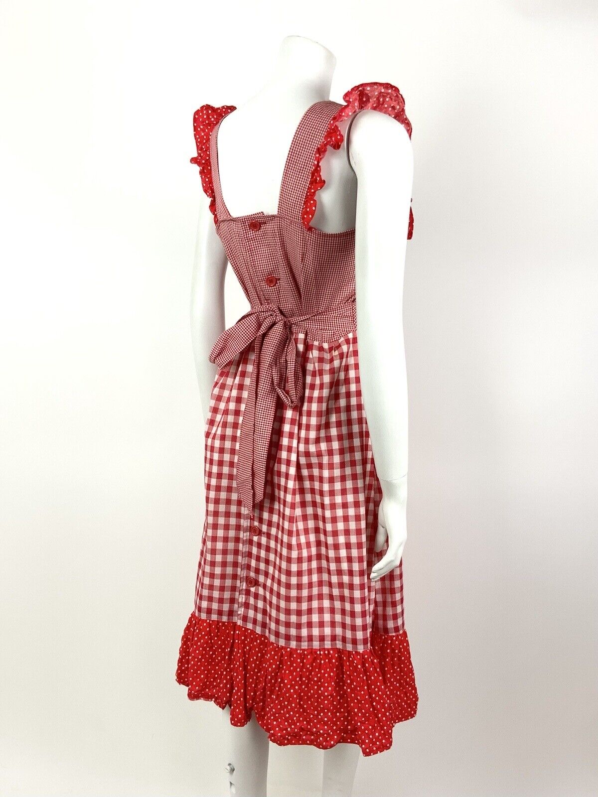 VTG 60s 70s RED WHITE GINGHAM POLKA DOT RUFFLED PRAIRIE APRON PINAFORE DRESS 8