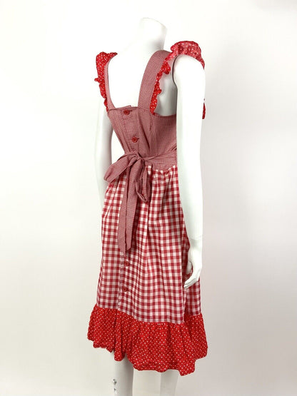 VTG 60s 70s RED WHITE GINGHAM POLKA DOT RUFFLED PRAIRIE APRON PINAFORE DRESS 8