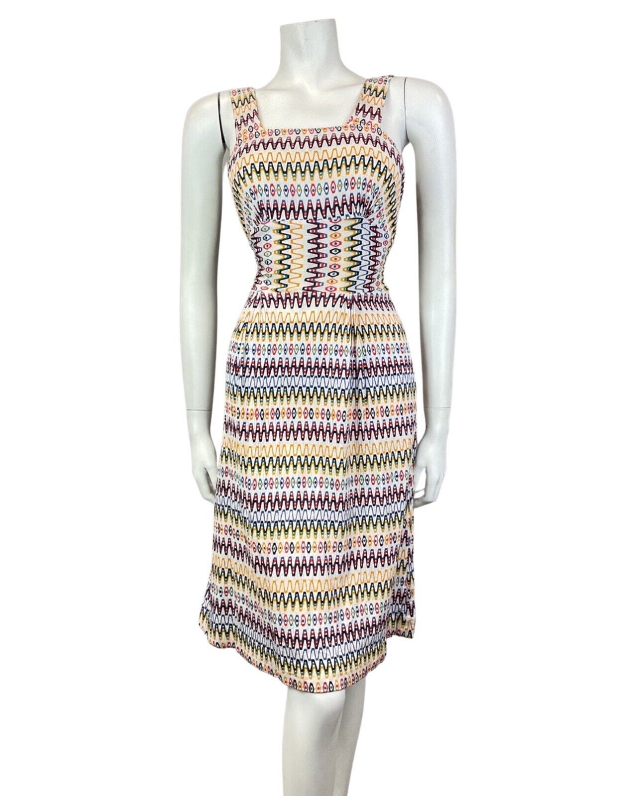 VINTAGE 60s 70s WHITE RED BLUE GREEN ZIG-ZAG GEOMETRIC SUMMER APRON DRESS 8