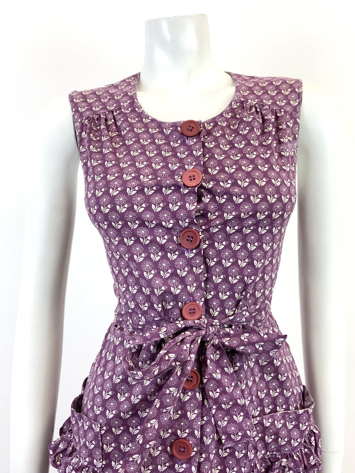 VINTAGE 60s 70s PLUM PURPLE WHITE FLORAL BOHO PRAIRIE SLEEVELESS DRESS 8 10