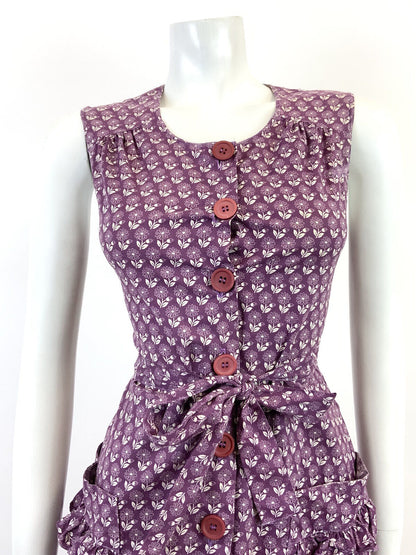 VINTAGE 60s 70s PLUM PURPLE WHITE FLORAL BOHO PRAIRIE SLEEVELESS DRESS 8 10