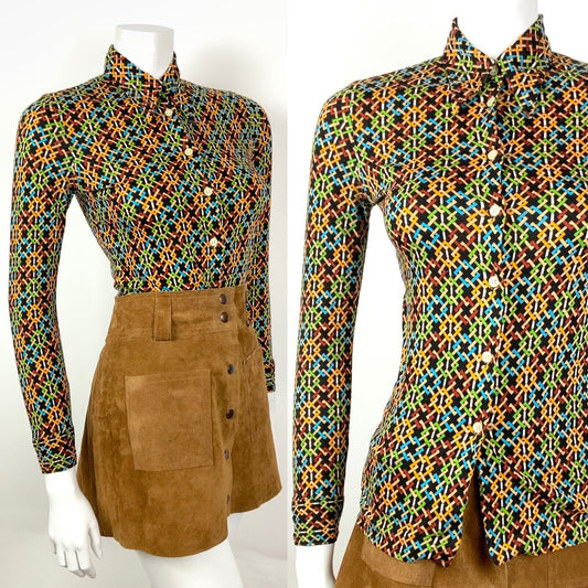 VTG 60s 70s BLACK ORANGE BLUE GREEN GEOMETRIC TRELLIS DAGGER SHIRT BLOUSE 4 6