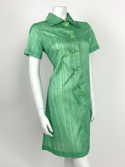VINTAGE 60s 70s APPLE GREEN BLACK WHITE GEOMETRIC SQUARE TILE SHIRT DRESS 10