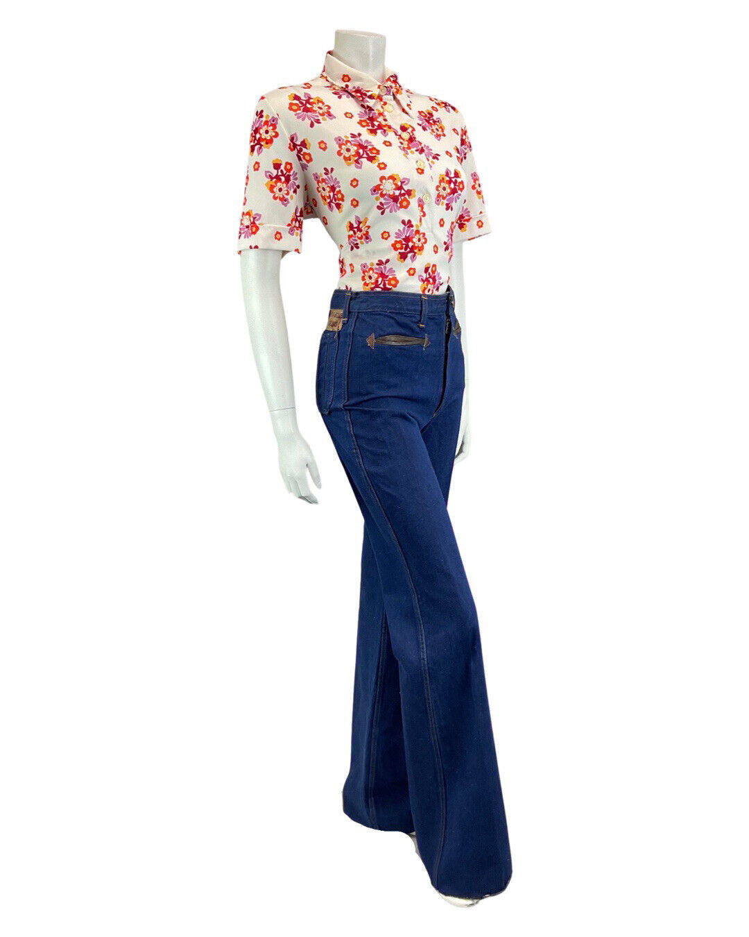 VINTAGE 60s 70s WHITE RED PURPLE DAISY FLORAL MOD SHORT SLEEVE SHIRT 16 18