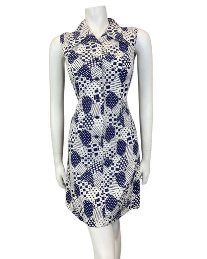VINTAGE 60s 70s NAVY BLUE WHITE PATCHWORK PSYCHEDELIC MOD DAGGER SHIRT DRESS 10