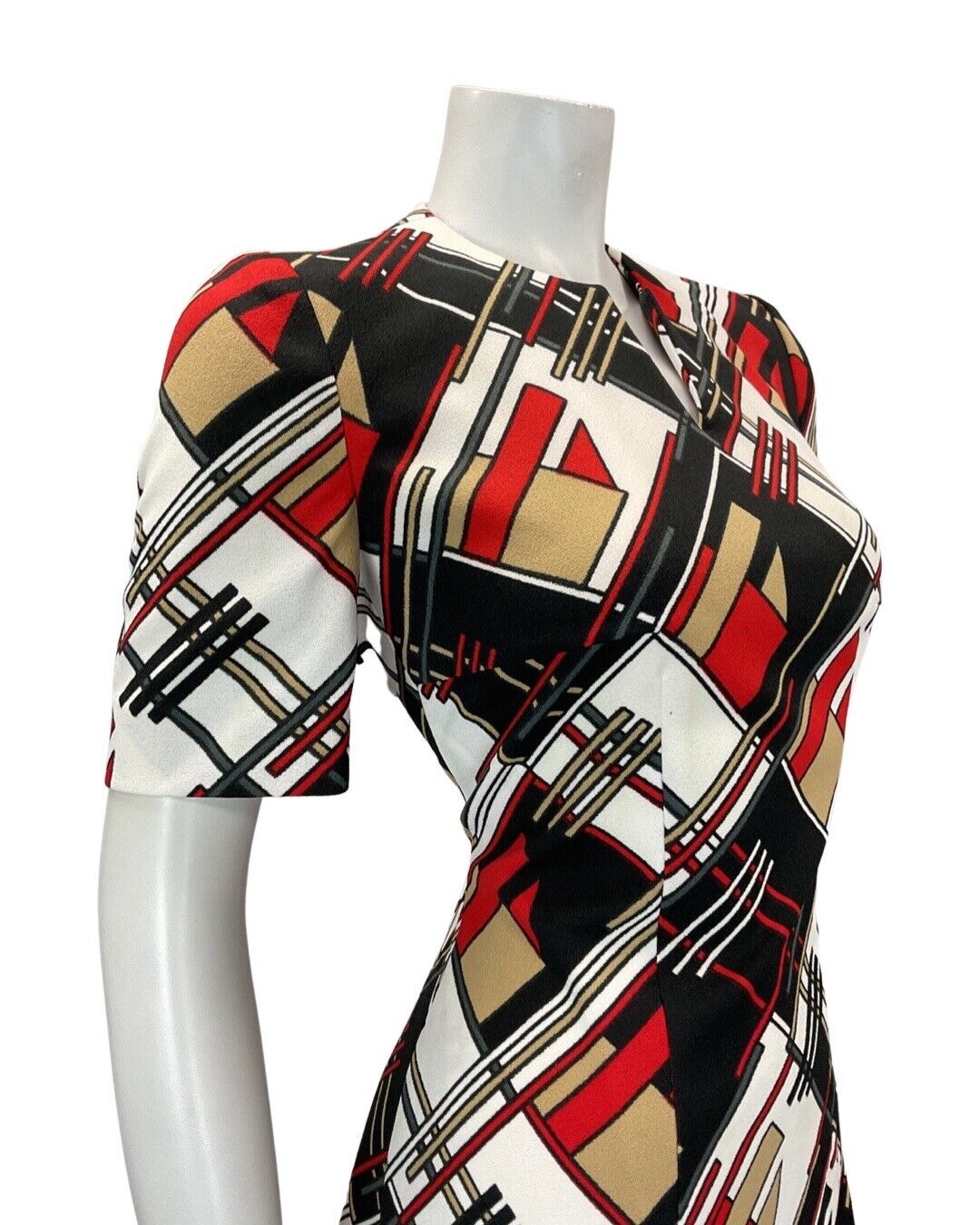 VINTAGE 60s 70s BLACK WHITE RED GEOMETRIC CHECKED MOD FIT & FLARE DRESS 10 12