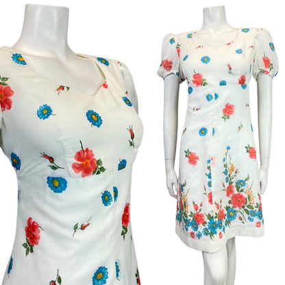VINTAGE 60s 70s WHITE RED BLUE FLORAL GARDEN SHEER PUFF SLEEVE MOD DRESS 12