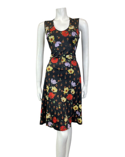 VINTAGE 60s 70s BLACK RED YELLOW FLORAL POPPY SLEEVELESS SUMMER DRESS 10 12