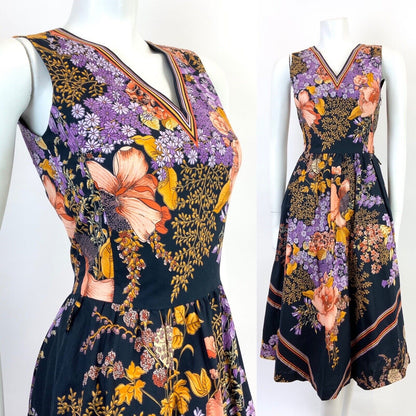 VINTAGE 60s 70s BLACK GOLD PURPLE RED FLORAL LEAFY BOHO FOLK SLEEVELESS DRESS 8
