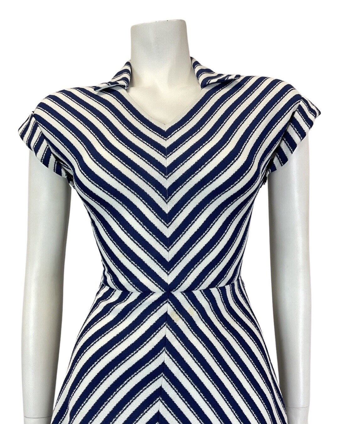 VINTAGE 60s 70s NAVY BLUE WHITE STRIPED MOD SHIRT SWING FLARED DRESS 8 10