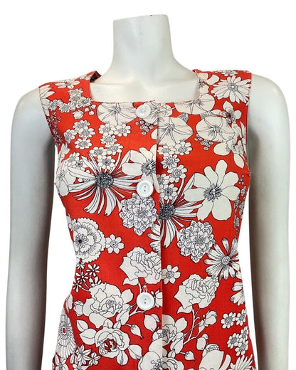VINTAGE 60s 70s RED WHITE BLACK FLORAL MOD SLEEVELESS A-LINE SHIFT DRESS 12