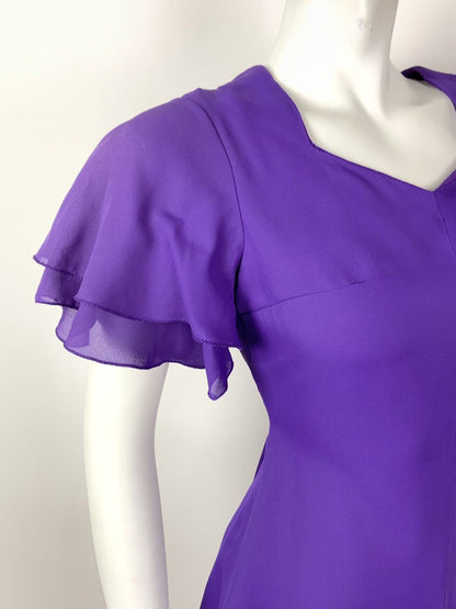 VINTAGE 60s 70s VIOLET PURPLE FLUTTER SLEEVE FLOATY SHORT DRESS 8