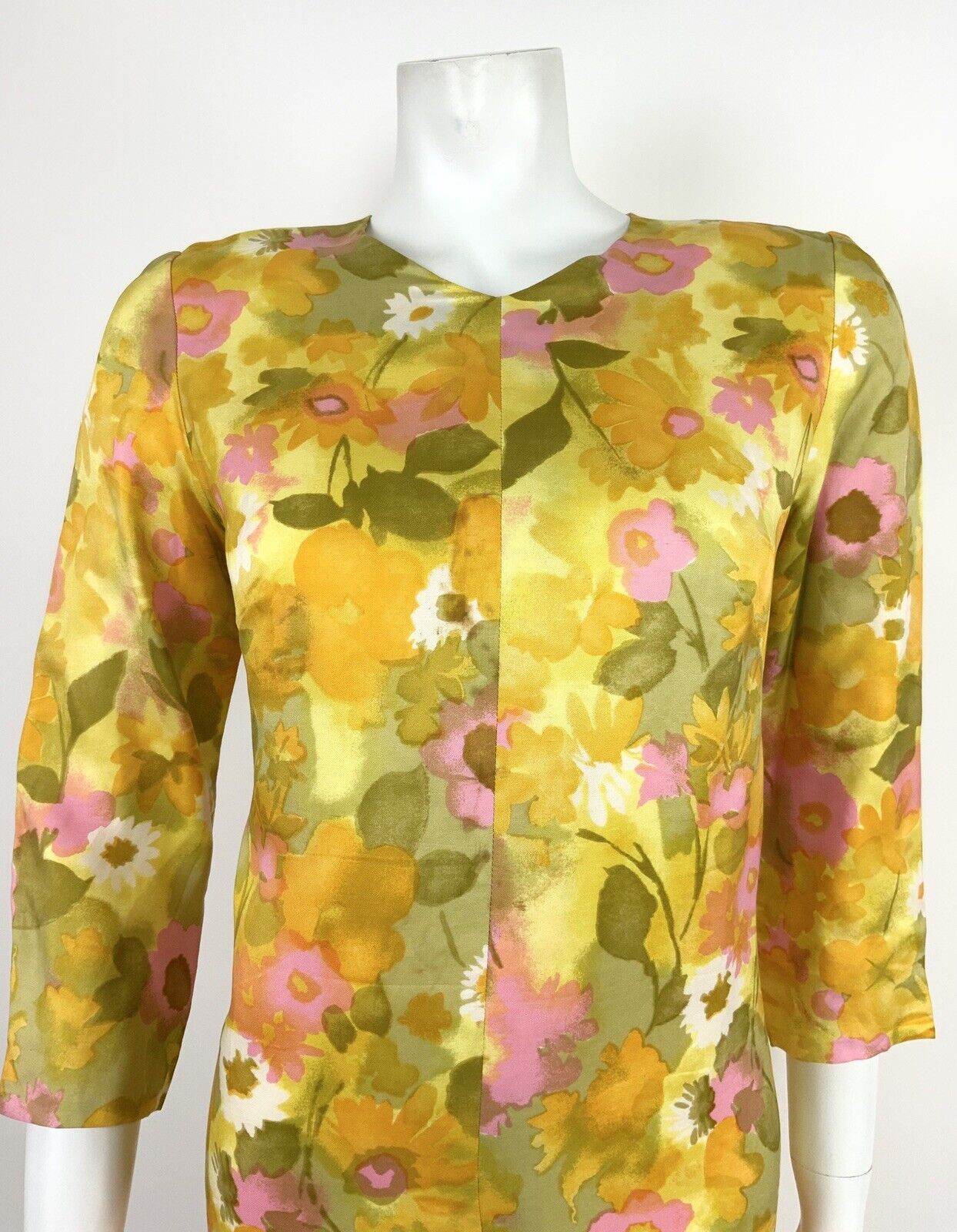 VINTAGE 60s 70s PSYCHEDELIC YELLOW GREEN PINK WHITE FLORAL SHIFT DRESS 12 14