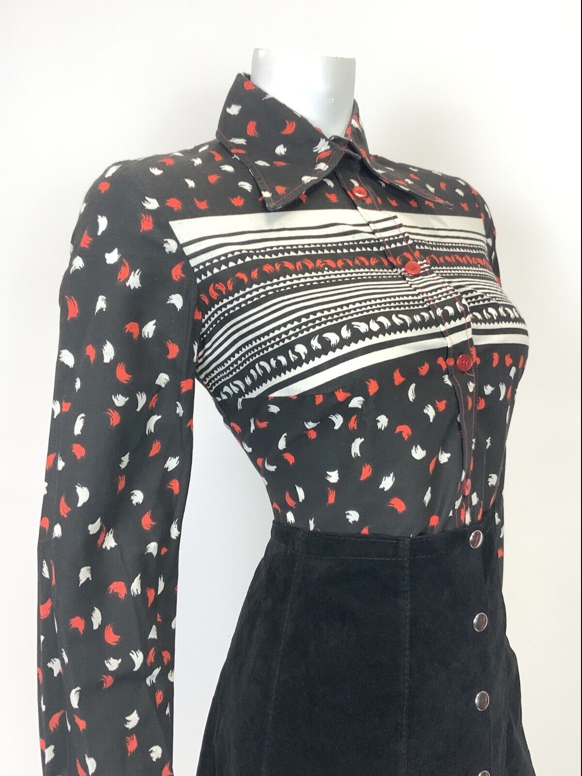 VINTAGE 60s 70s BLACK RED WHITE STRIPED DASH MOD DAGGER COLLAR SHIRT 12 14