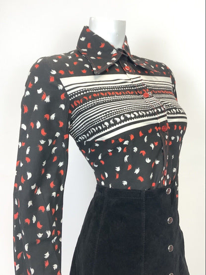 VINTAGE 60s 70s BLACK RED WHITE STRIPED DASH MOD DAGGER COLLAR SHIRT 12 14