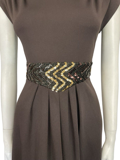 VTG 60S 70S BROWN GOLD SEQUIN BAND PLEATED TUNIC MOD PARTY MIDI DRESS 8