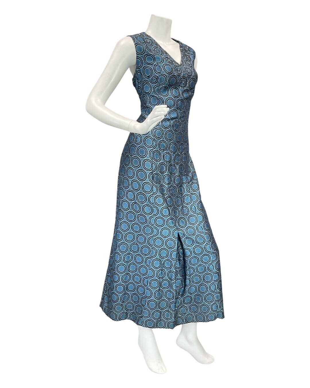VINTAGE 60s 70s BLUE BLACK SILVER GEOMETRIC LUREX GLITTER MAXI GOWN DRESS 14 16