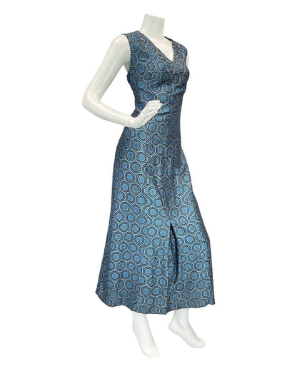 VINTAGE 60s 70s BLUE BLACK SILVER GEOMETRIC LUREX GLITTER MAXI GOWN DRESS 14 16