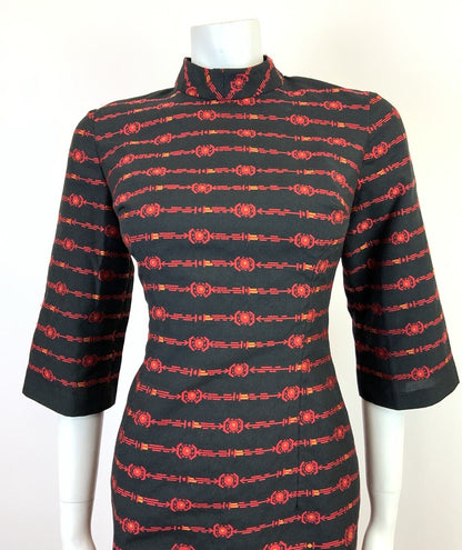 VINTAGE 60s 70s BLACK RED GOLD STRIPED AZTEC GEOMETRIC SHIFT DRESS 10 12