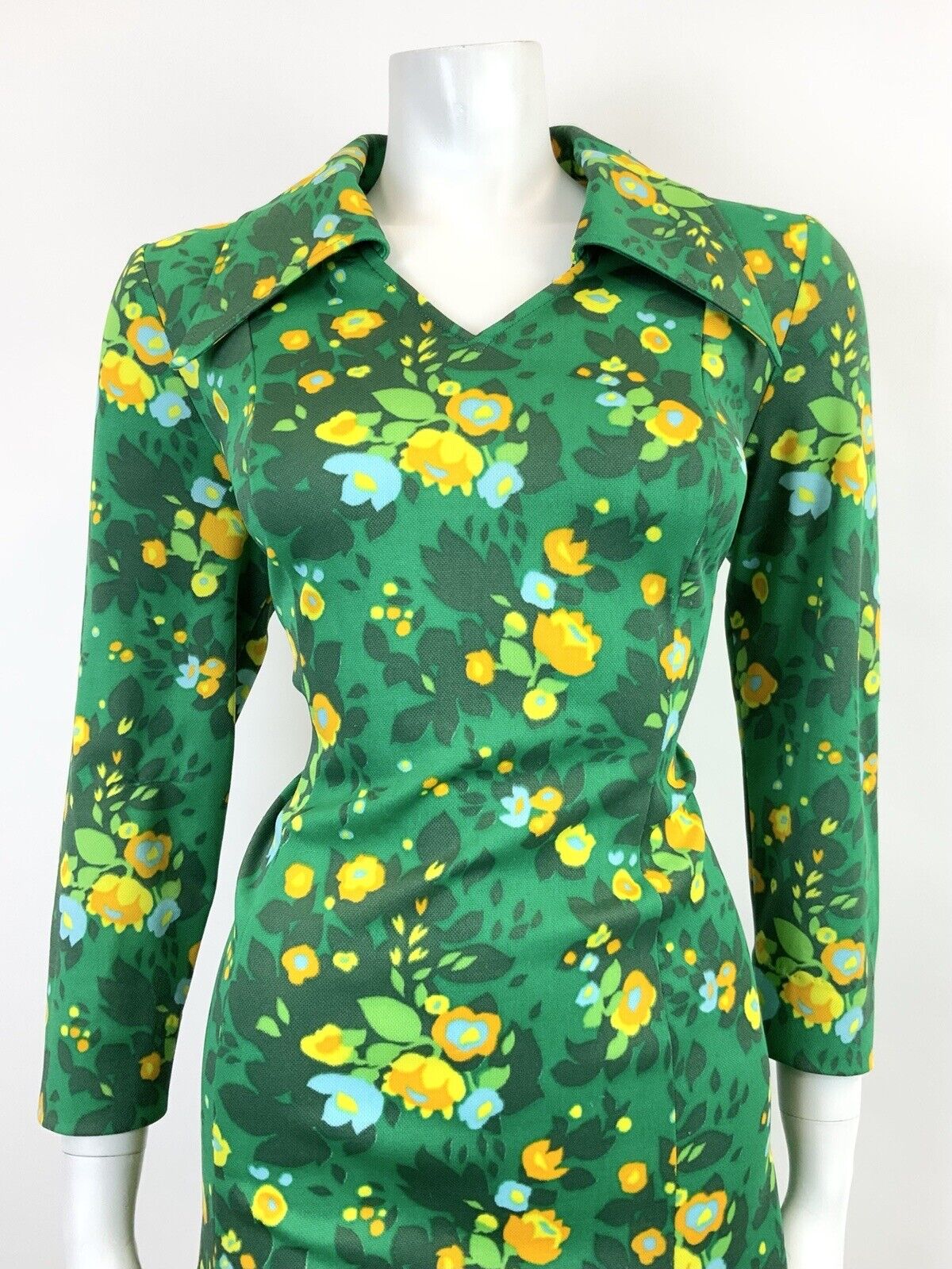 VTG 60s 70s GREEN YELLOW ORANGE FLORAL LEAFY PSYCHE DAGGER SHIRT DRESS 16 18