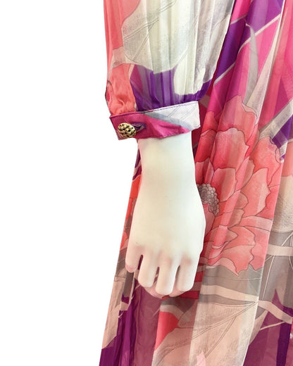 VINTAGE 60s 70s PINK PURPLE SILVER FLORAL LEAFY SHEER PLEATED SWING SILK DRESS 8