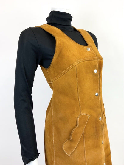 VTG 60s 70s BROWN SUEDE LEATHER SCALLOPED BOHO MOD PINAFORE PINNY DRESS 8 10