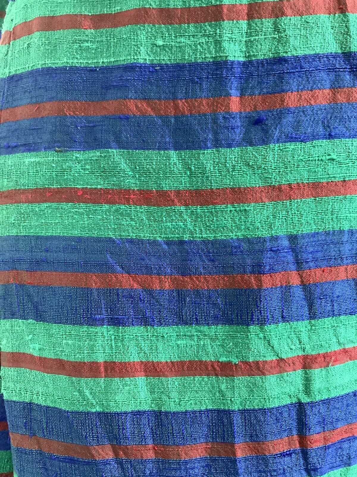 VINTAGE 60s 70s GREEN BLUE RED STRIPED METALLIC PUSSYBOW MOD SILK DRESS 10 12
