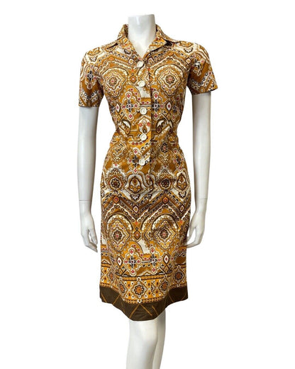 VINTAGE 60s 70s BROWN YELLOW WHITE FLORAL MANDALA BOHO MOD SHIRT DRESS 10
