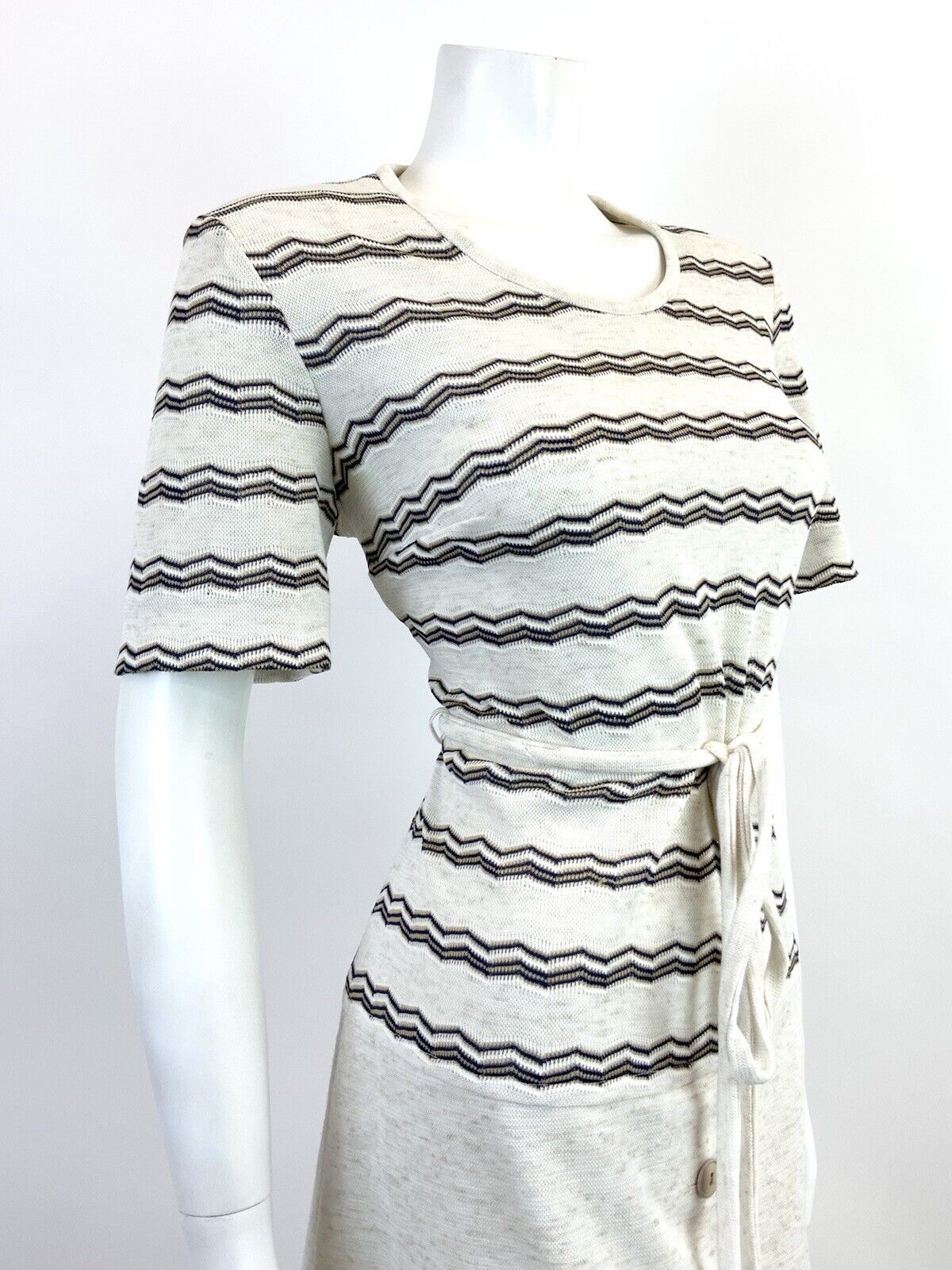 VINTAGE 60s 70s CREAM BLUE WHITE ZIG-ZAG STRIPED KNITTED DROP WAIST DRESS 14 16