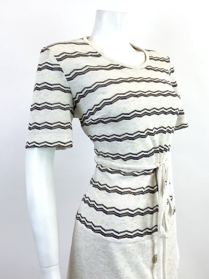 VINTAGE 60s 70s CREAM BLUE WHITE ZIG-ZAG STRIPED KNITTED DROP WAIST DRESS 14 16