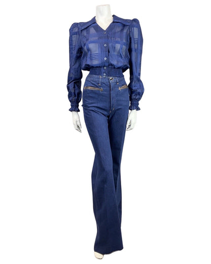 VINTAGE 60s 70s NAVY BLUE PLAID CHECKED SHEER SHIRRED CROPPED BLOUSE 8 10