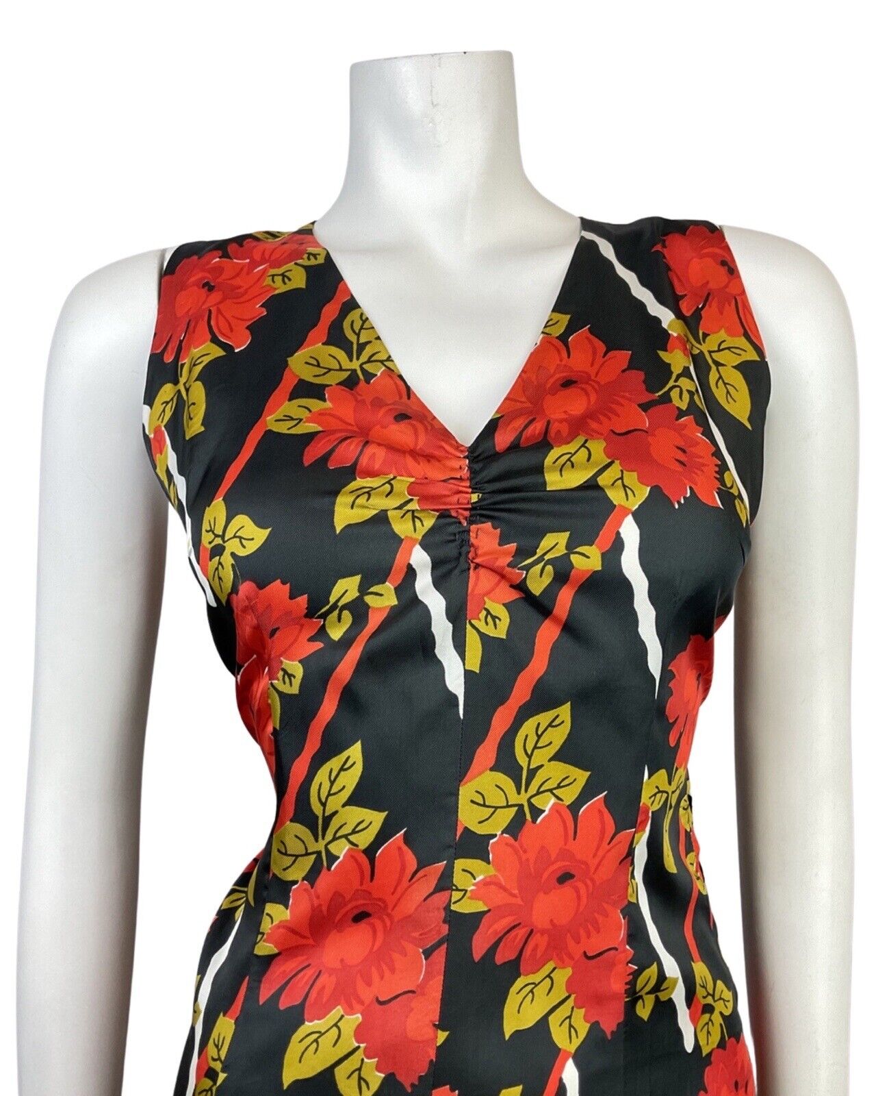 VINTAGE 60s 70s BLACK RED GOLD FLORAL SLEEVELESS SUMMER DRESS 8