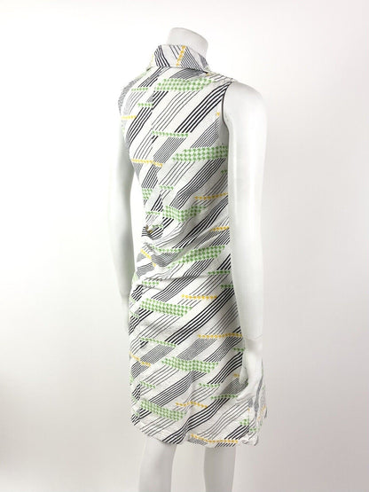 VINTAGE 60s 70s WHITE BLACK GREEN STRIPED HOUNDSTOOTH MOD DAGGER SHIRT DRESS 10