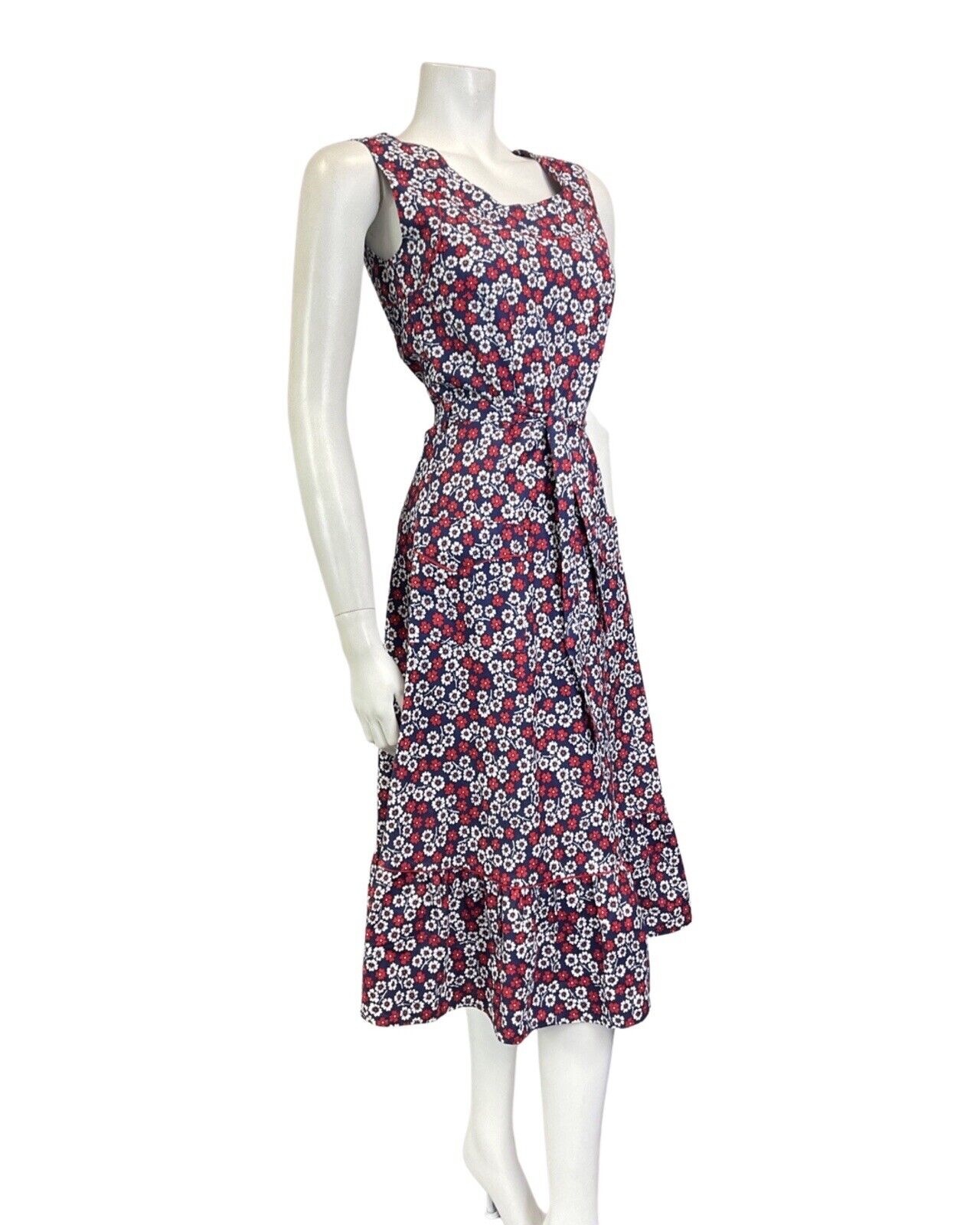 VINTAGE 60s 70s BLUE RED WHITE DAISY FLOWER SLEEVELESS SWING SUMMER DRESS 8