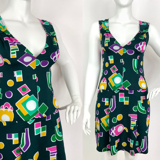 VINTAGE 60s 70s GREEN PINK YELLOW GEOMETRIC MOD PLUNGING SLEEVELESS DRESS 14 16