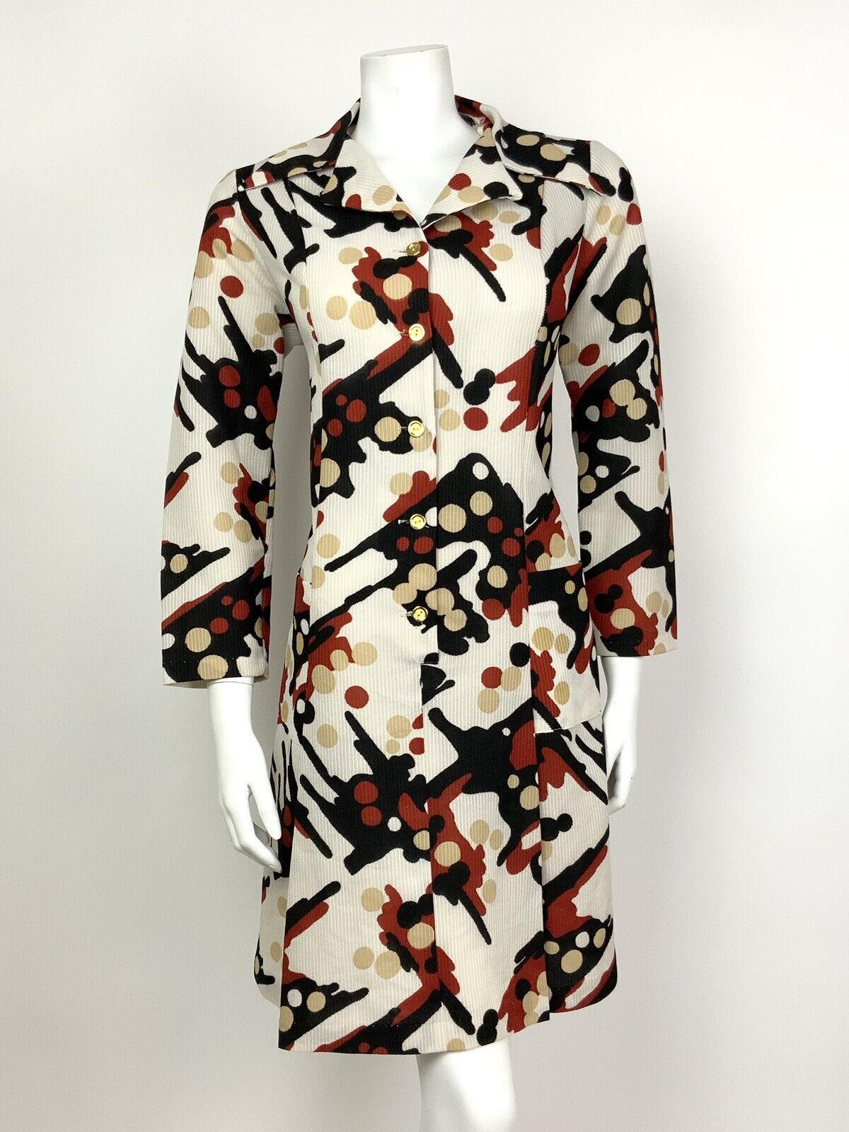 VINTAGE 60s 70s WHITE RED BLACK BEIGE ABSTRACT DOTTY DAGGER SHIRT DRESS 14 16
