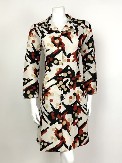 VINTAGE 60s 70s WHITE RED BLACK BEIGE ABSTRACT DOTTY DAGGER SHIRT DRESS 14 16