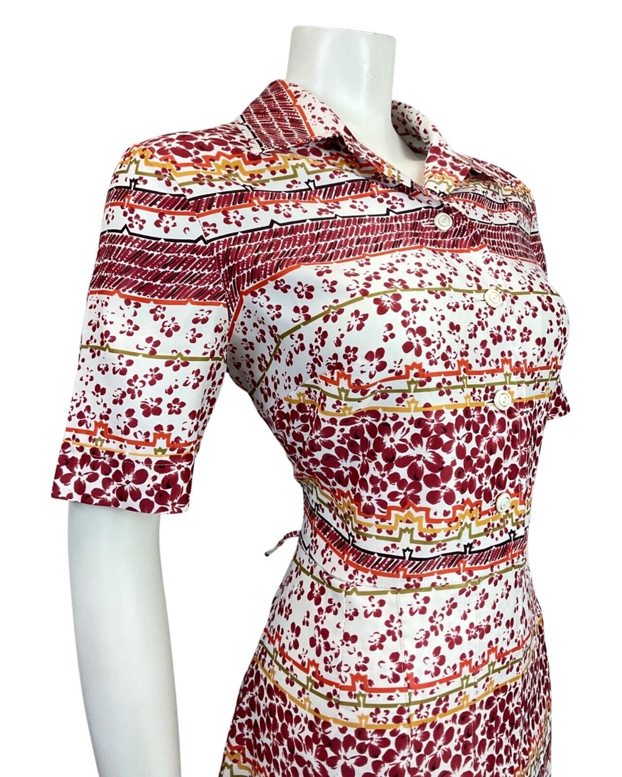 VINTAGE 60s 70s WHITE RED GOLD FLORAL PETAL STRIPED DAGGER SHIRT DRESS 14 16
