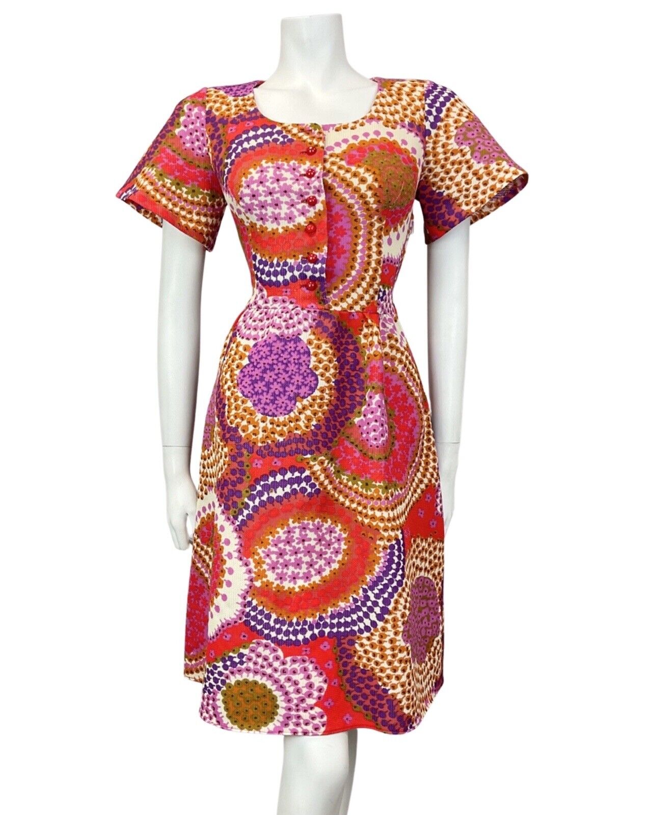 VTG 60s 70s PINK RED PURPLE PSYCHEDELIC SPIROGRAPH FLORAL BELL SLEEVE DRESS 8 10