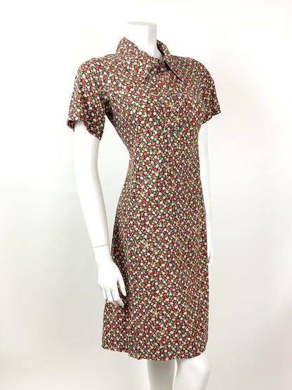 VINTAGE 60s 70s RED PINK GREEN FLORAL DITSY ROSE DAGGER SHIRT DRESS 12